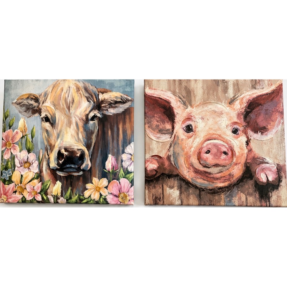 Hobby Lobby Farm Animal Canvas Wall Art Set Cow and Pig 12x12 Textured Decor